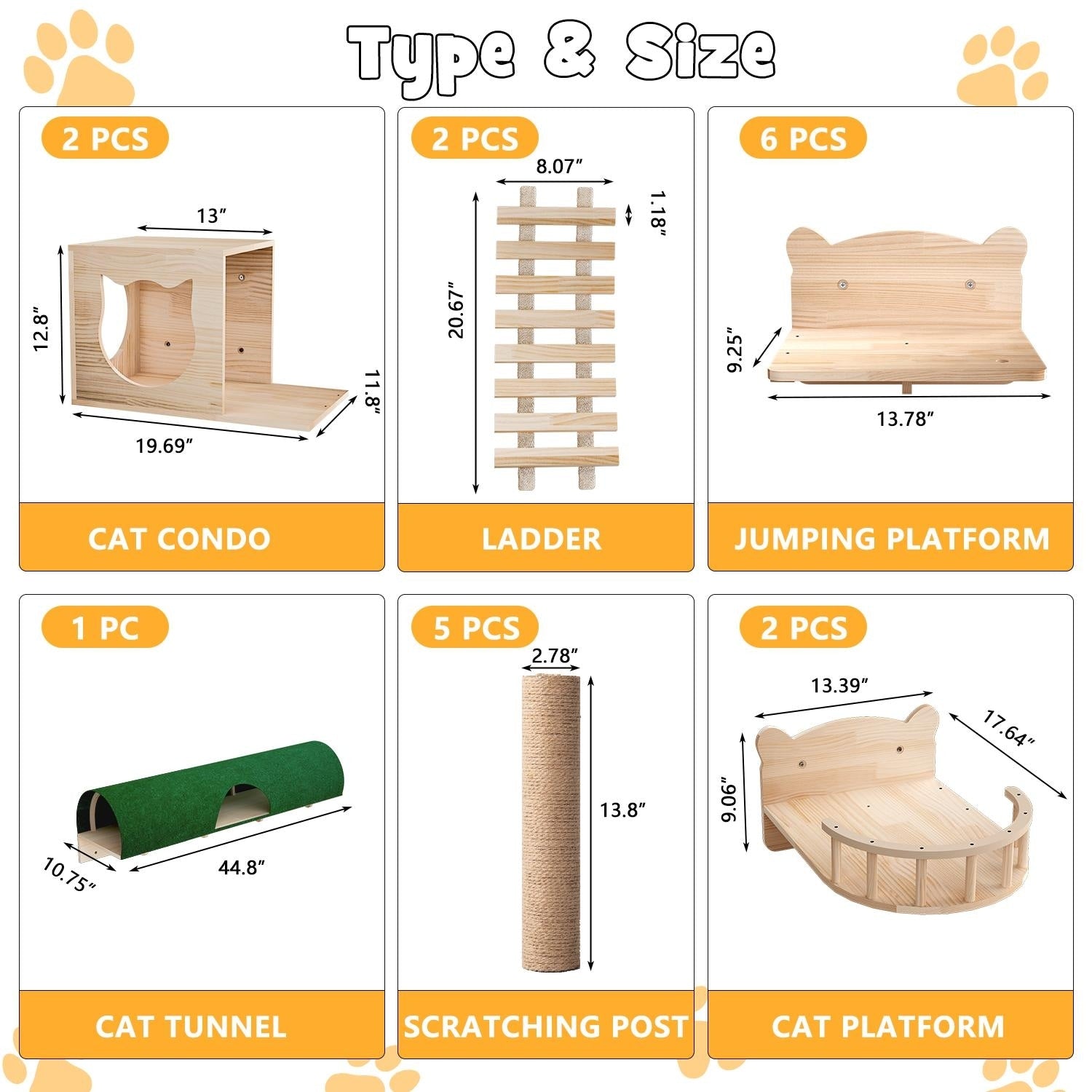 BOSSIN 9/16/18-Piece Pine Cat Wall Climbing System - Wall-Mounted Shelves Set with Cat Bed, Scratching Post & Tunnel