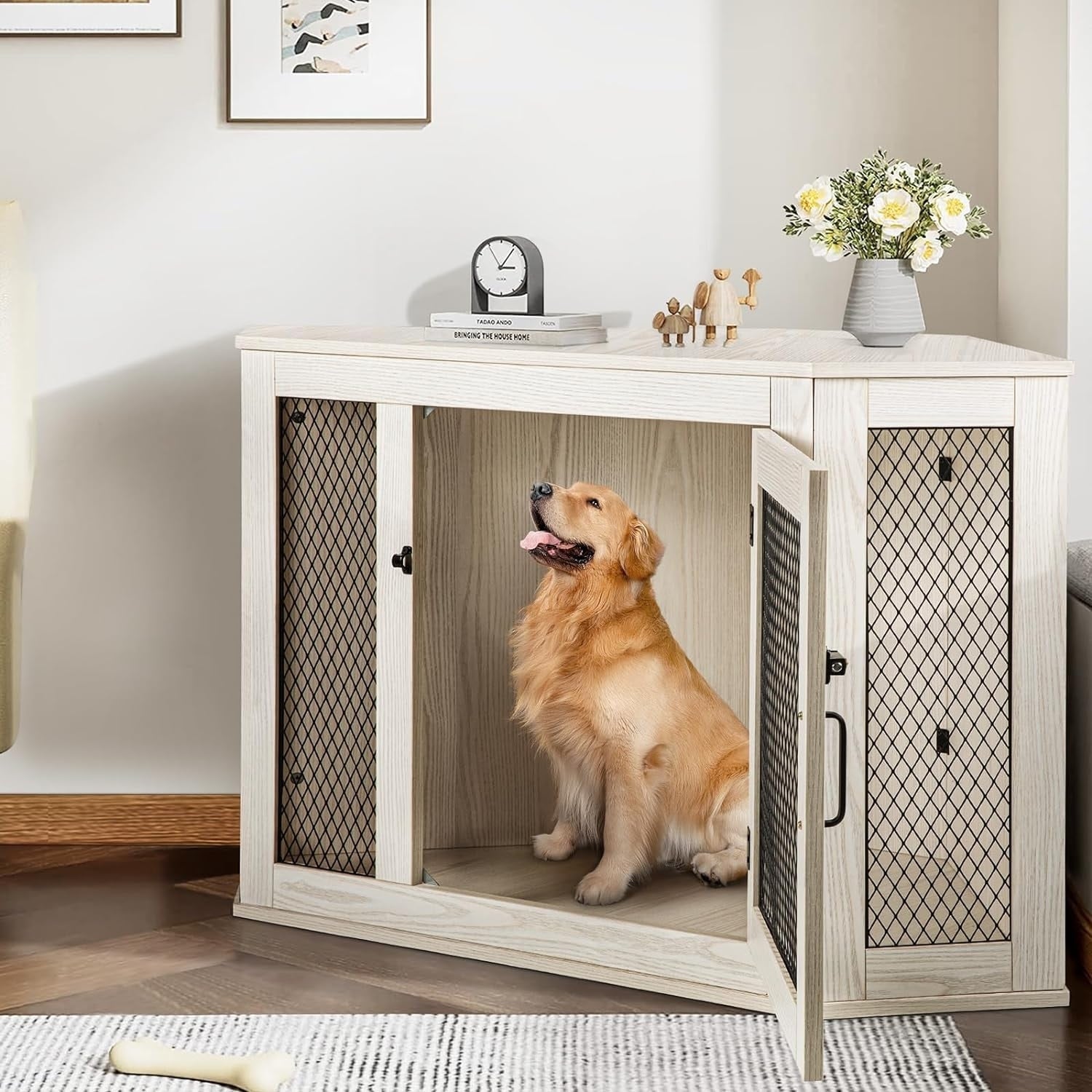 Niche d'angle pour chien Bossin, niche en bois de 44/52 pouces avec filet, niche décorative en bois pour chien, idéale pour l'intérieur
