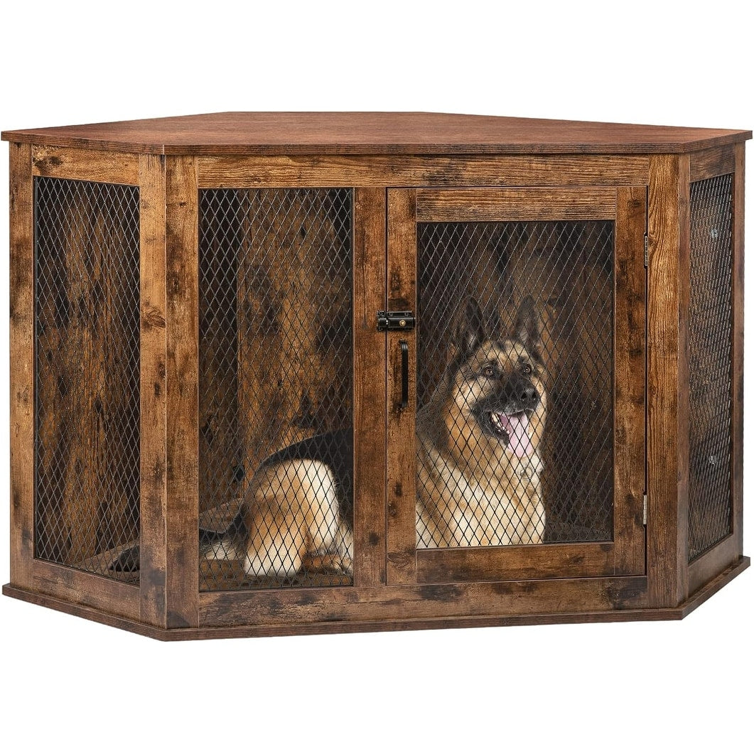 Niche d'angle pour chien Bossin, niche en bois de 44/52 pouces avec filet, niche décorative en bois pour chien, idéale pour l'intérieur