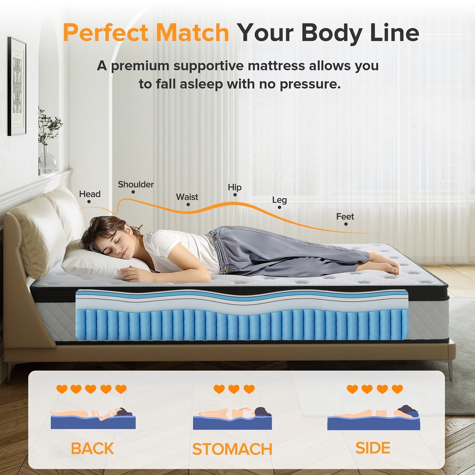 Matelas hybride ferme en mousse à mémoire de forme SweDrea de 12 po avec CertiPUR-US et Oeko-TEX, doté de ressorts renforcés.