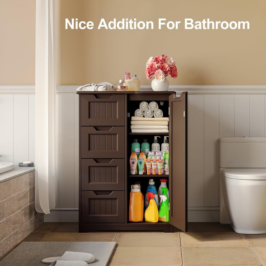 Meuble de rangement de salle de bain, meuble de rangement de sol autonome avec 4 tiroirs et étagère réglable