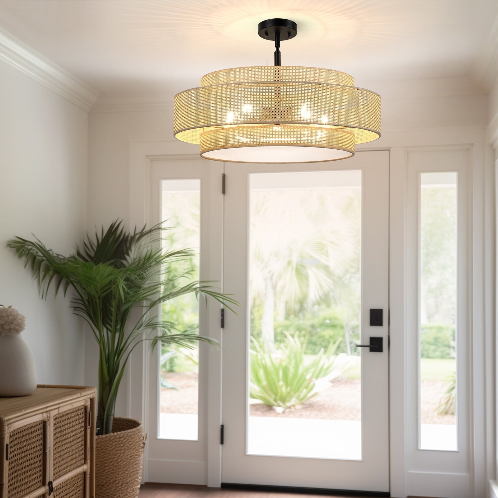 Lustre tambour côtier noir Bayou à 5 lumières avec double abat-jour en rotin - 24 po de largeur