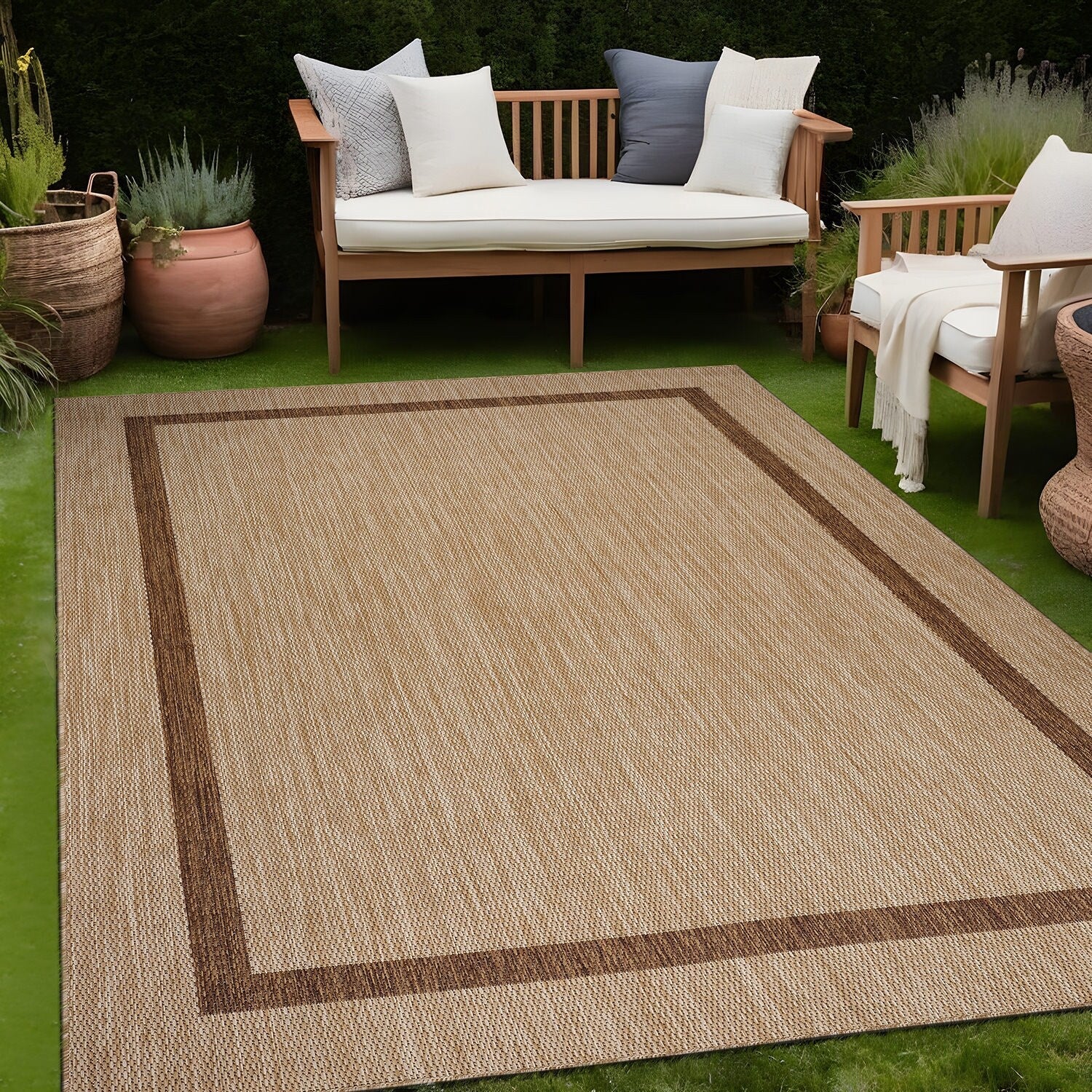Beverly Rug Modern Bordered Indoor Outdoor Rug, Outside Carpet for Patio, Deck, Porch