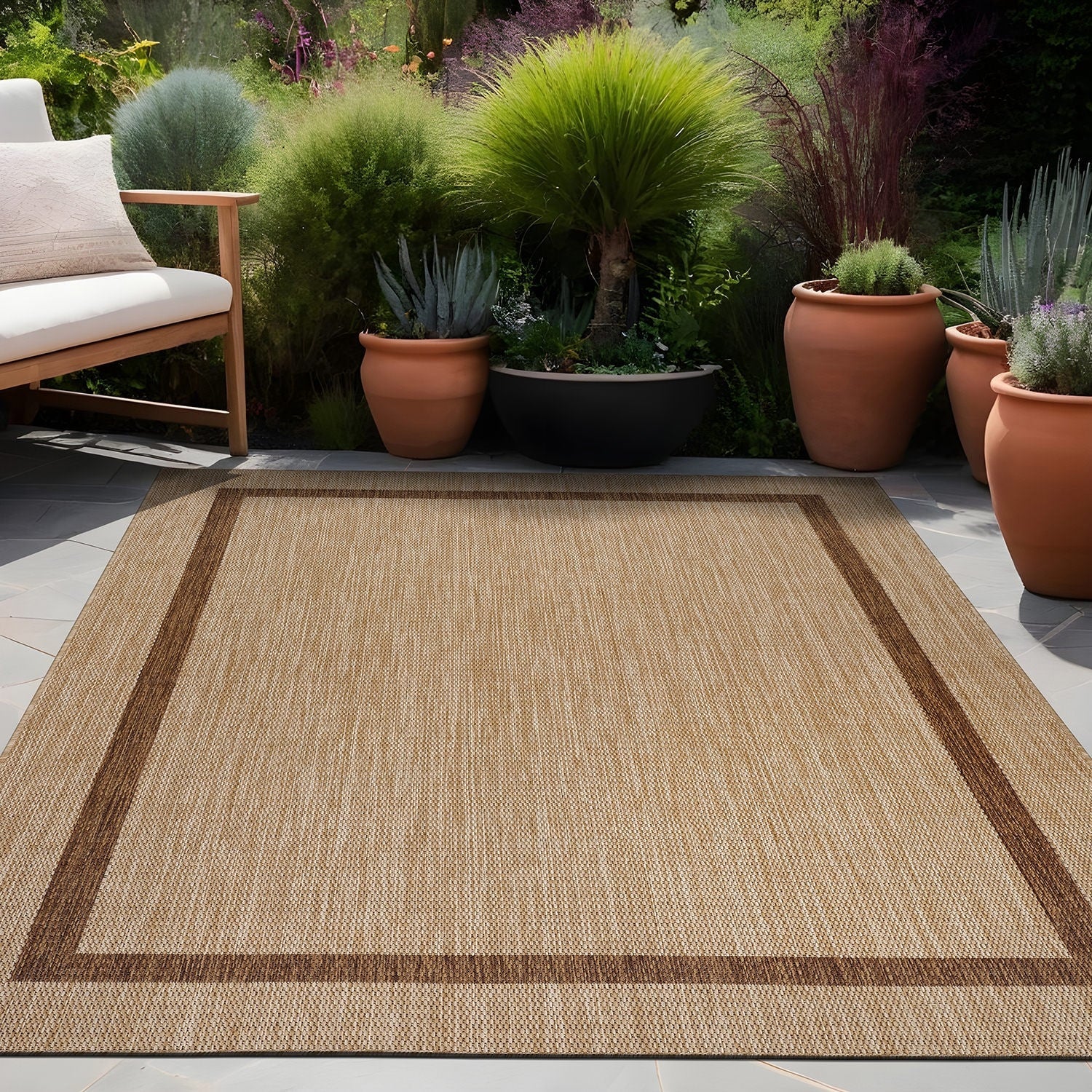 Beverly Rug Modern Bordered Indoor Outdoor Rug, Outside Carpet for Patio, Deck, Porch