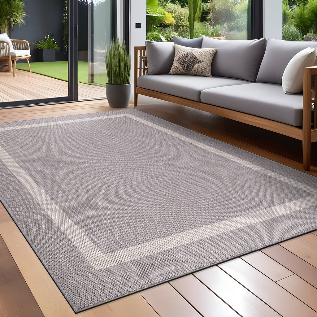 Beverly Rug Modern Bordered Indoor Outdoor Rug, Outside Carpet for Patio, Deck, Porch