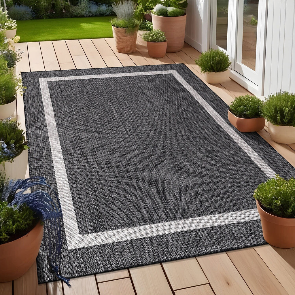 Beverly Rug Modern Bordered Indoor Outdoor Rug, Outside Carpet for Patio, Deck, Porch