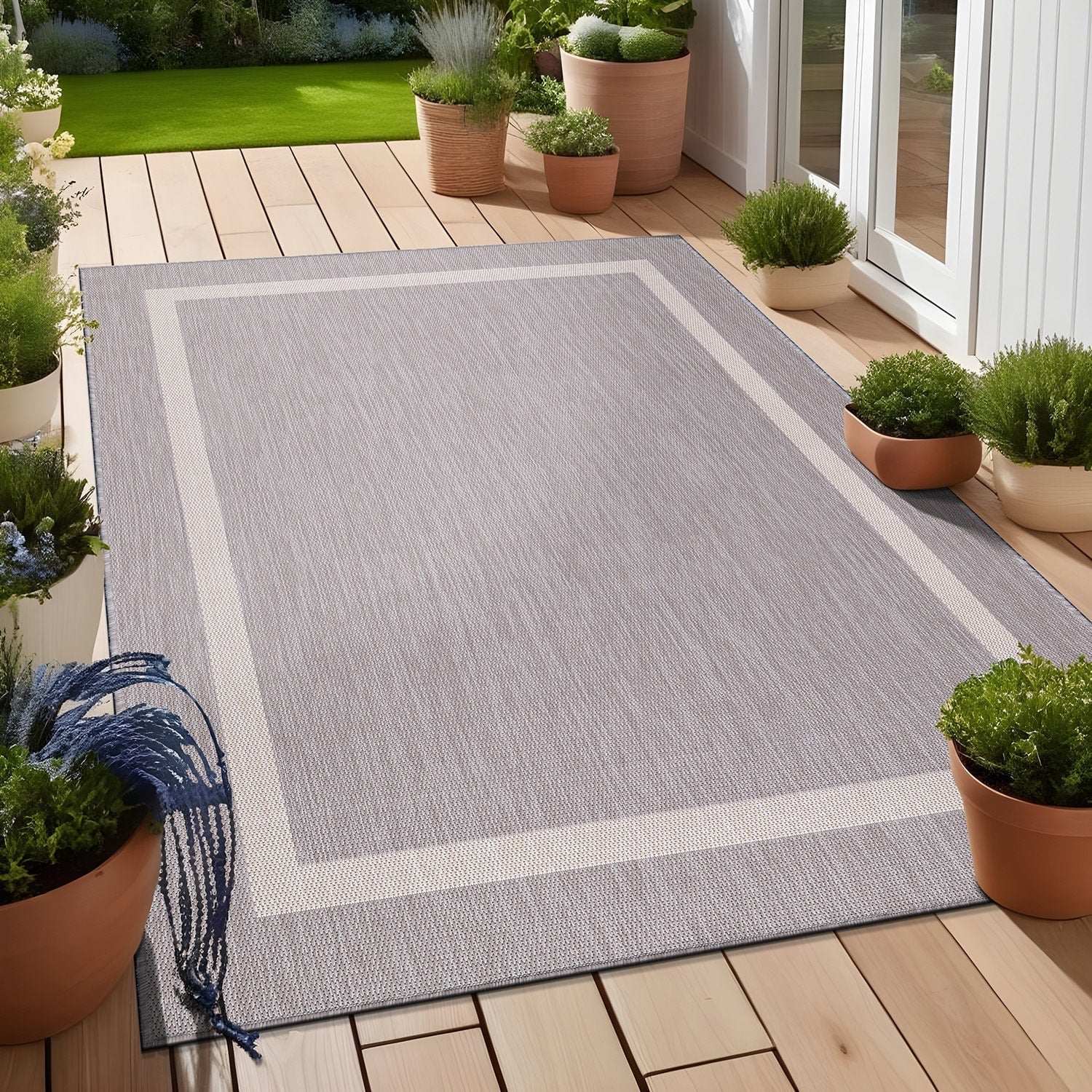 Beverly Rug Modern Bordered Indoor Outdoor Rug, Outside Carpet for Patio, Deck, Porch