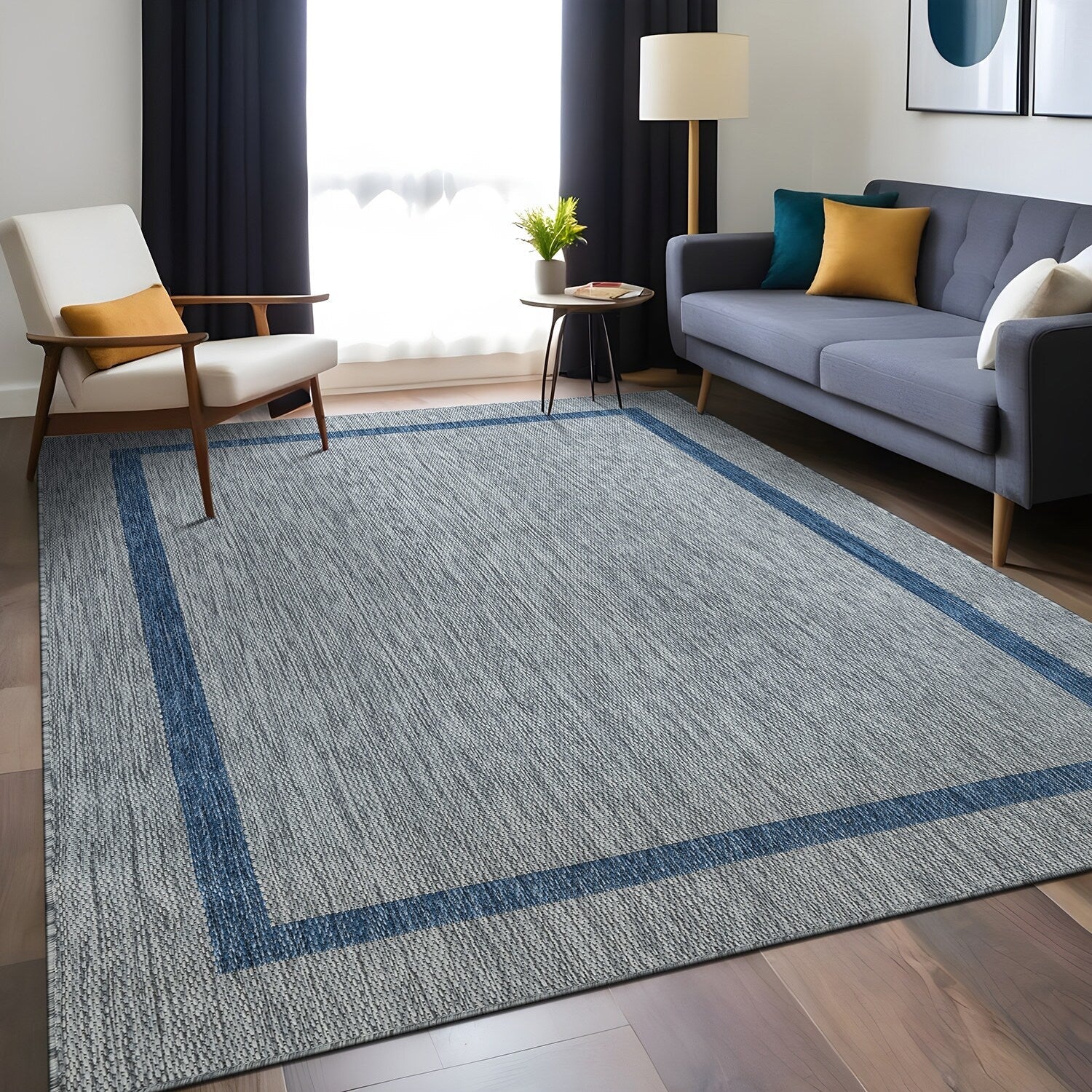 Beverly Rug Modern Bordered Indoor Outdoor Rug, Outside Carpet for Patio, Deck, Porch