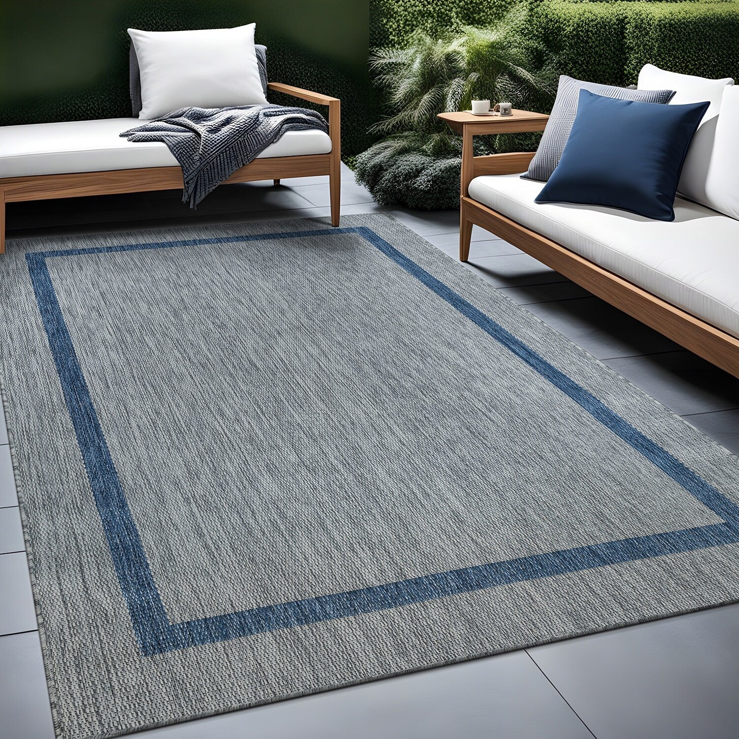 Beverly Rug Modern Bordered Indoor Outdoor Rug, Outside Carpet for Patio, Deck, Porch