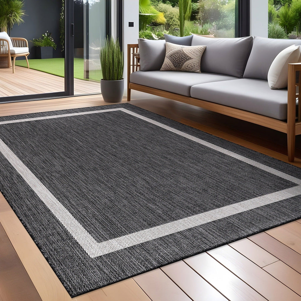 Beverly Rug Modern Bordered Indoor Outdoor Rug, Outside Carpet for Patio, Deck, Porch