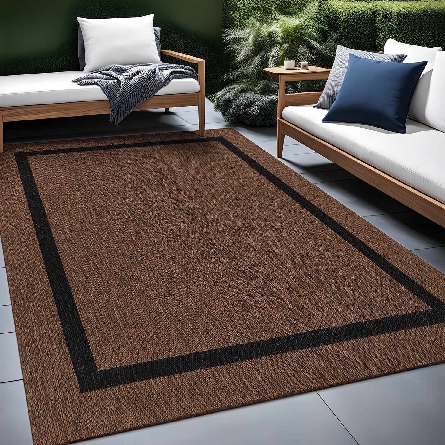 Beverly Rug Modern Bordered Indoor Outdoor Rug, Outside Carpet for Patio, Deck, Porch