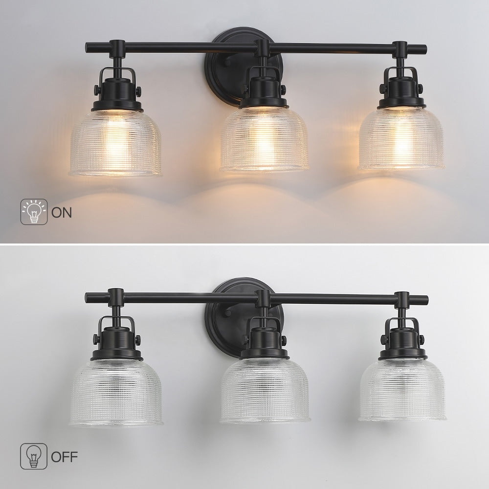 Black Bathroom Vanity Wall Light with Clear Prismatic Glass Shade