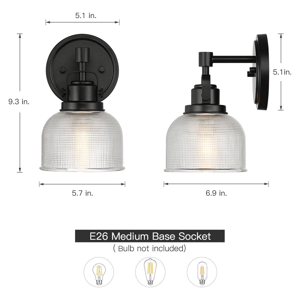 Black Bathroom Vanity Wall Light with Clear Prismatic Glass Shade