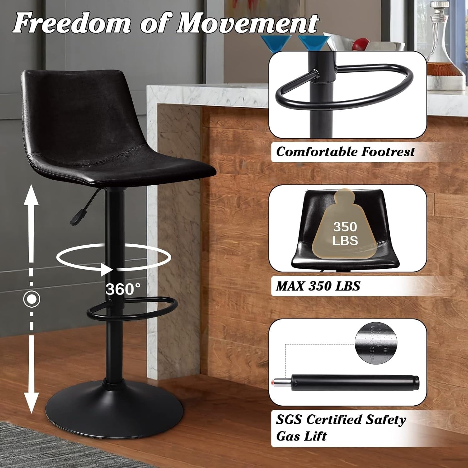 Bossin Adjustable Swivel Bar Stools with Backs – Counter Height