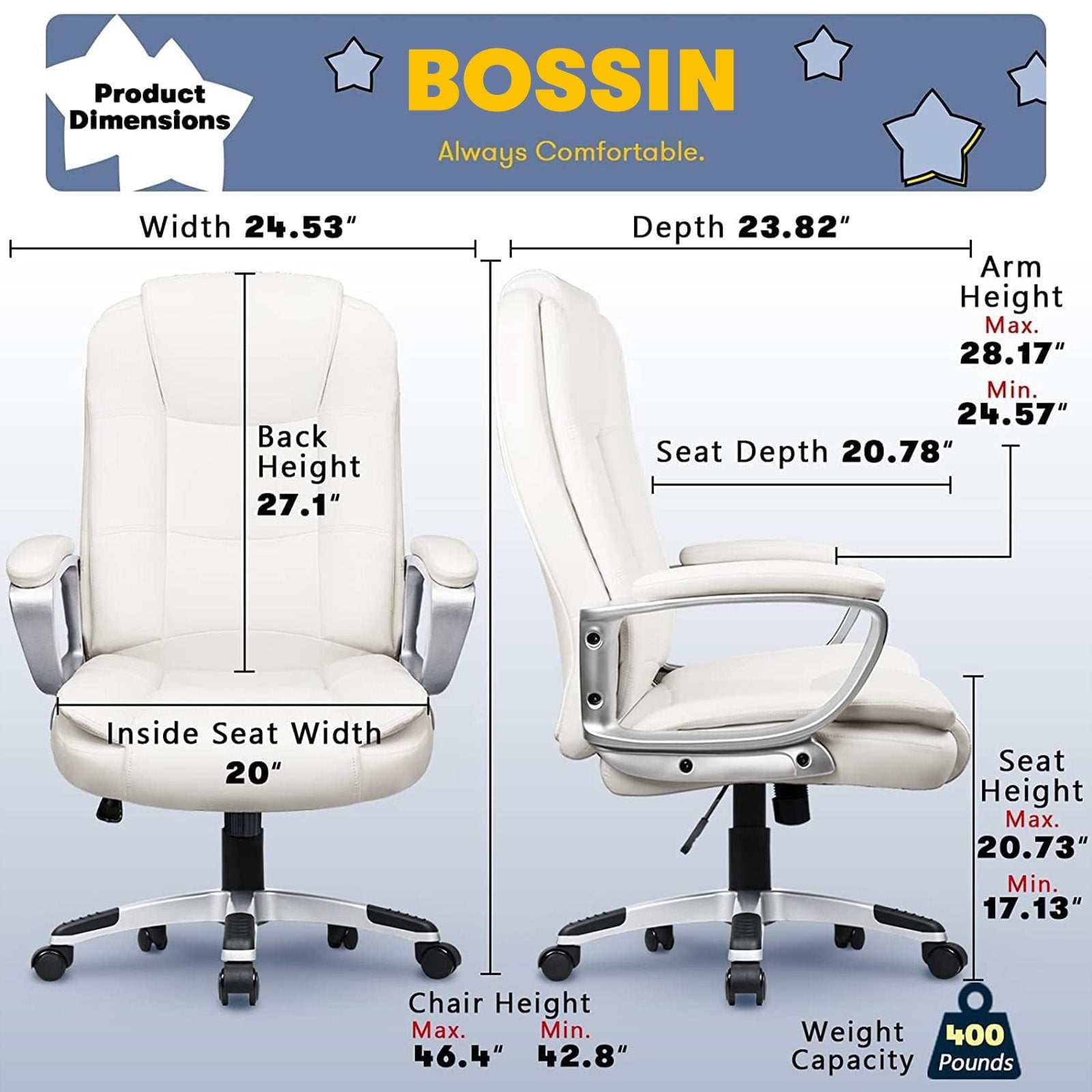 Bossin Big and Tall Office Chair High Back Executive Chair Ergonomic Adjustable Executive Leather Chair,400lbs