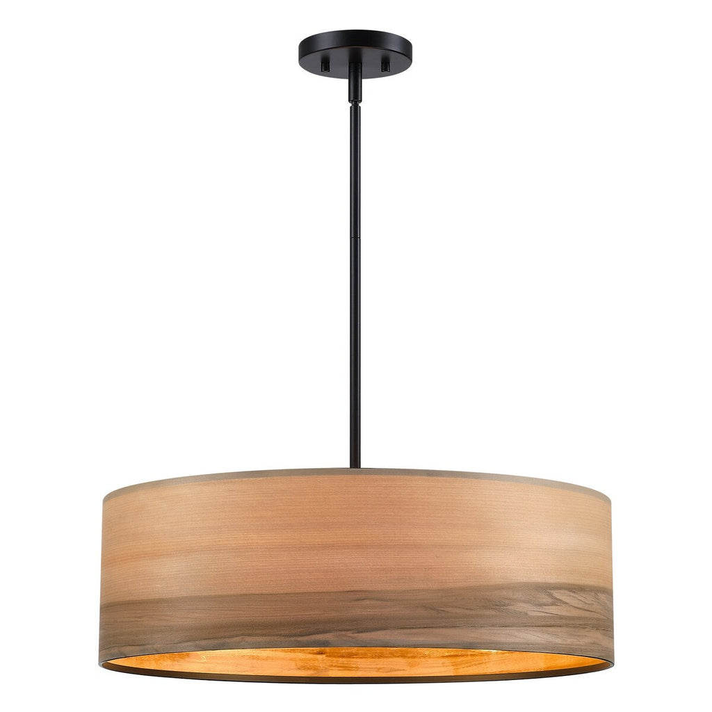 Lustre tambour Breaux à 4 lumières en placage de bois avec auvent noir - 22 po de largeur