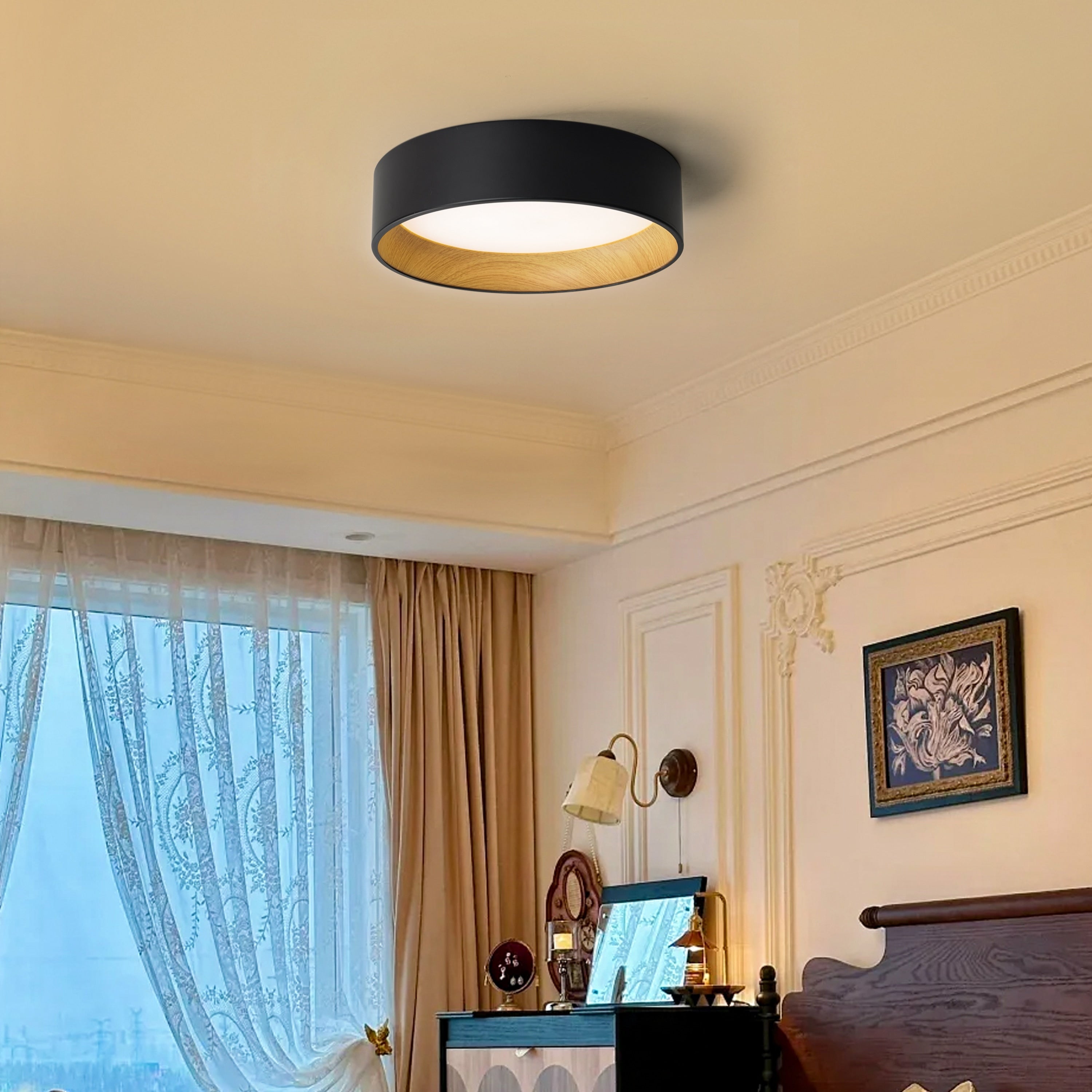 C Cattleya Black and Woodgrain 3CCT Integrated LED Flush Mount Ceiling Light