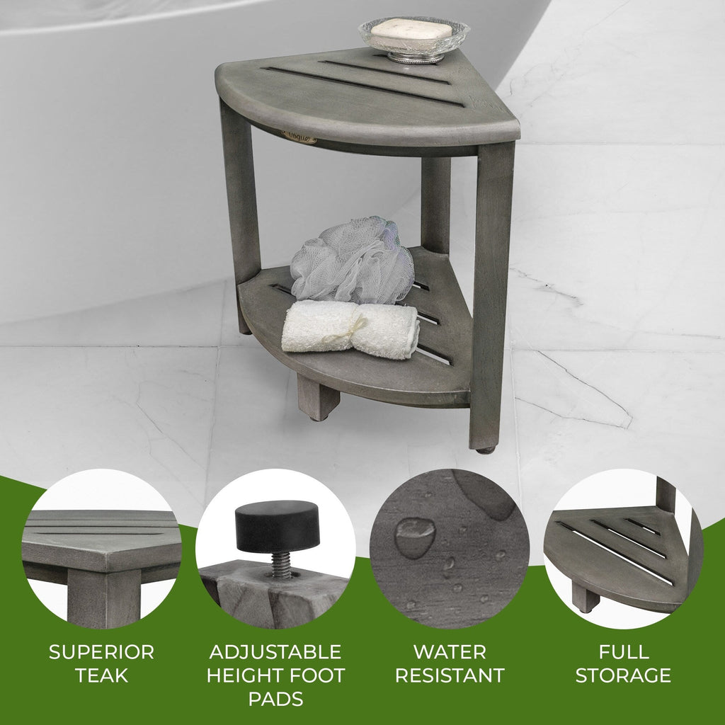 CoastalVogue, Étagère de douche d'angle en teck, Tabouret de douche pour se raser les jambes, Repose-pieds de douche, Tabouret de douche en teck, Tabouret de douche d'angle