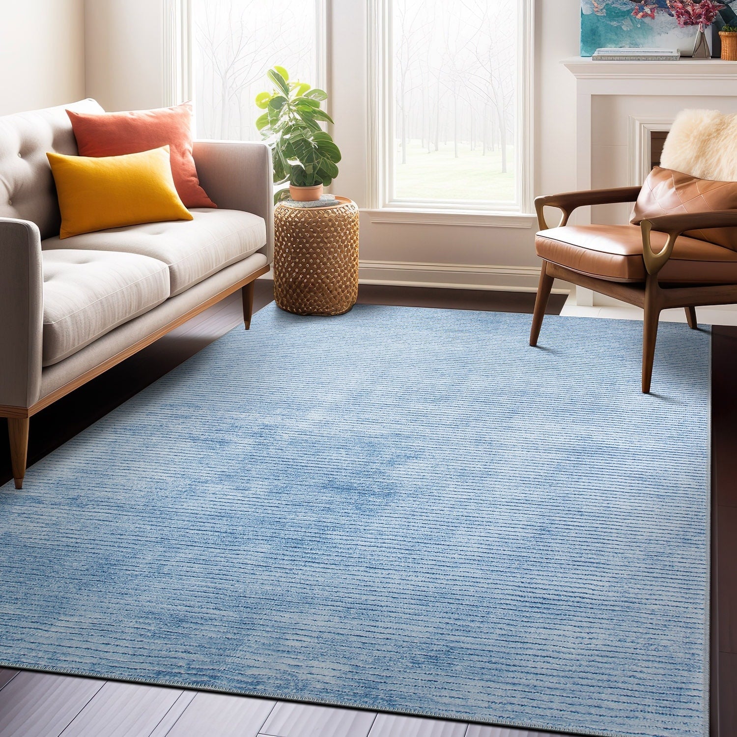 Contemporary Distressed Stripe Machine Washable Area Rug