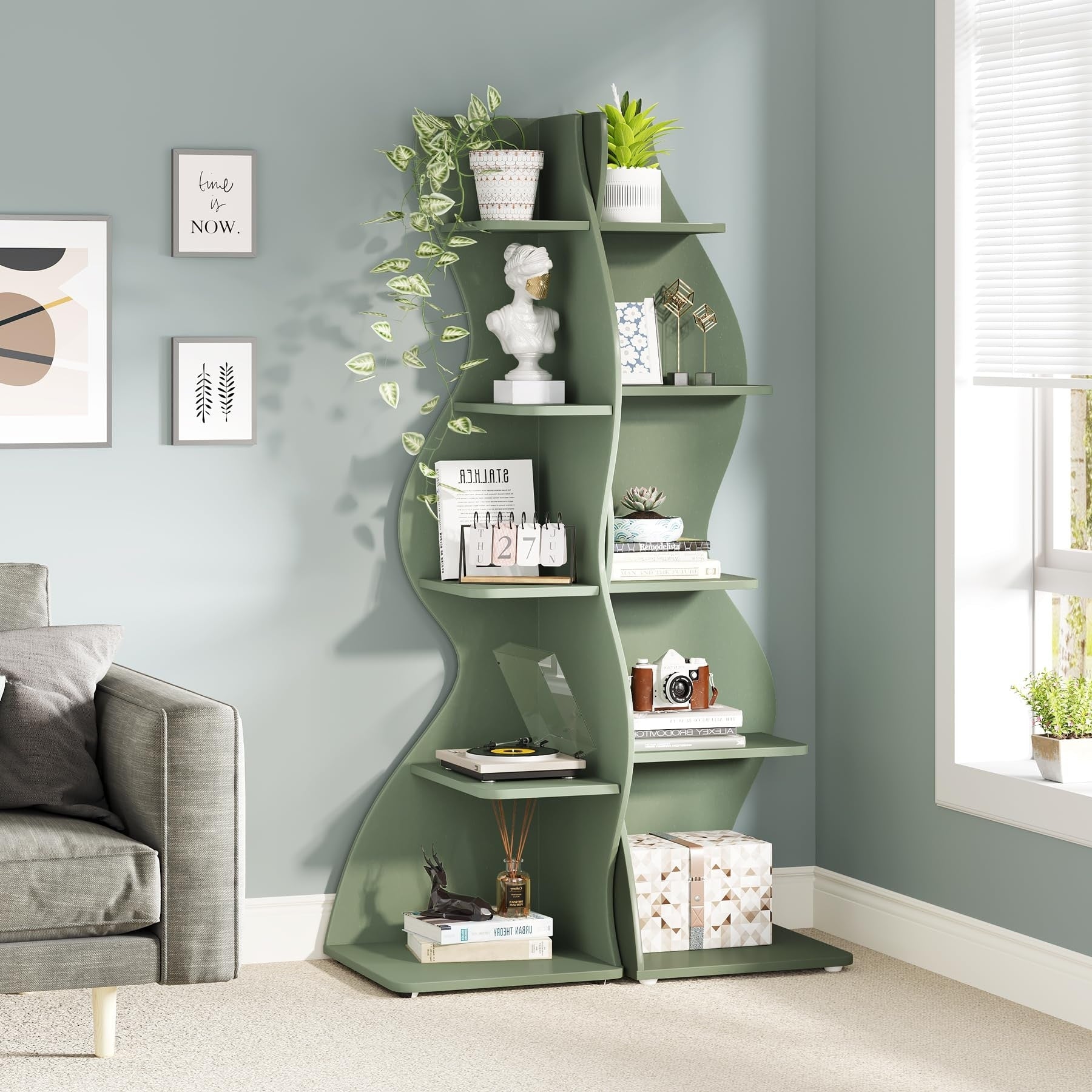 Corner Shelf Bookcase Bookshelf with Unique Shape for Living Room, Home Office