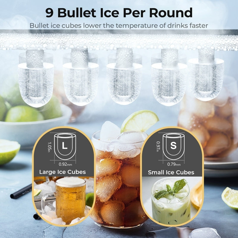 Countertop Ice Maker with Ice Scoop and Basket, 9 Cubes in 6 Mins, 26.5lbs/24h, 2 Sizes of Bullet Ice, Self-Cleaning