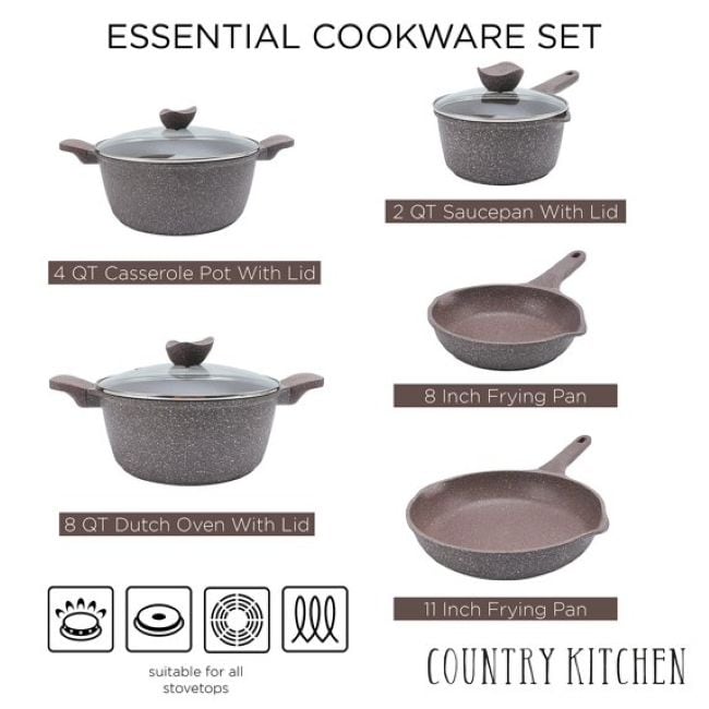 Country Kitchen Non-Stick Cast Aluminum Cookware Set - Durable Kitchen Cookware for Everyday Cooking, 6-11 Pc