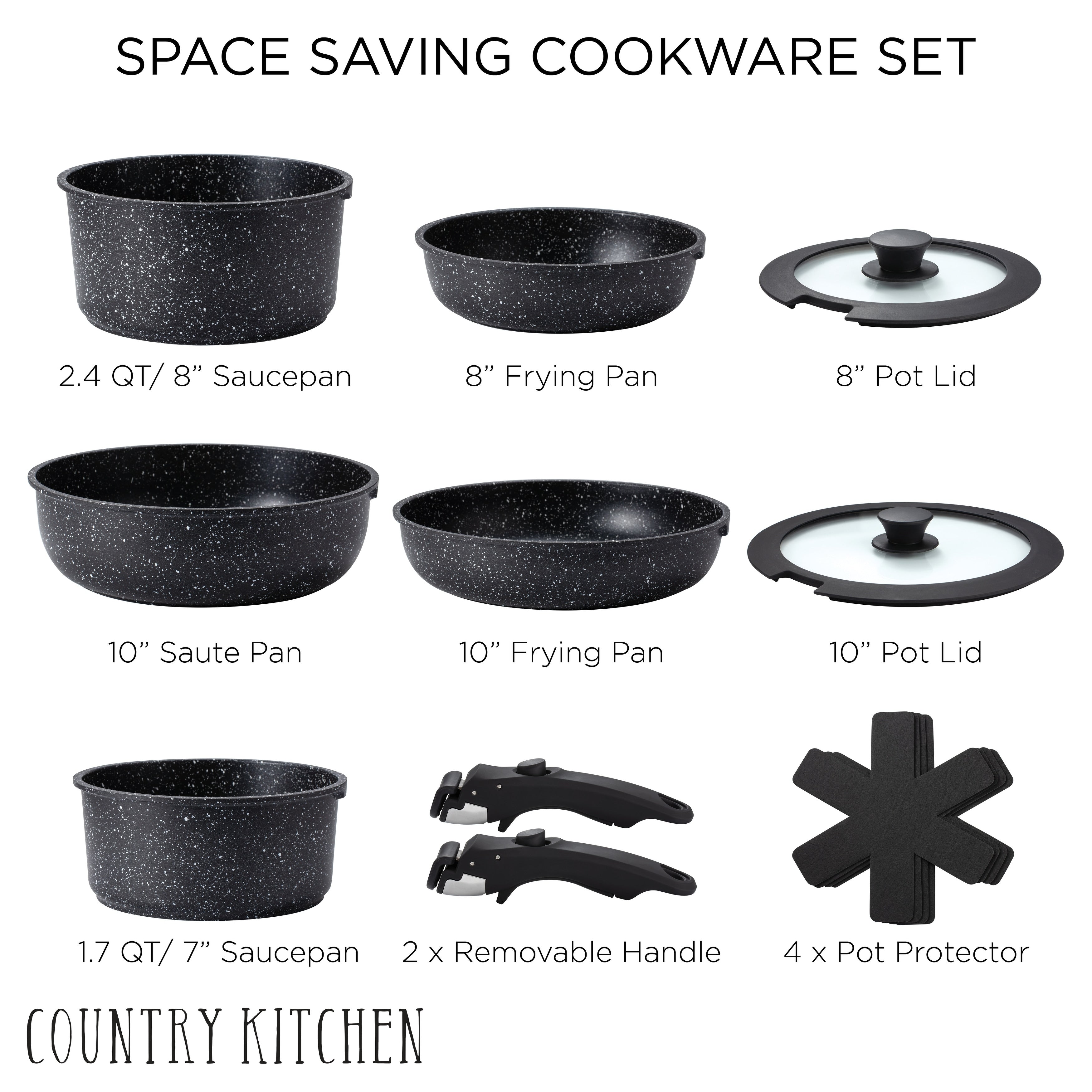 Country Kitchen RV Cookware- 13 Piece Aluminum Pots and Pans with Removable Handle Oven Safe