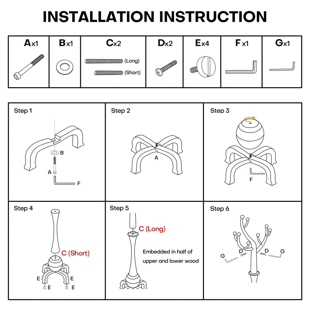 Porte-manteau autoportant en bois d'hévéa avec 8 crochets - 24,5 L x 70,87 H