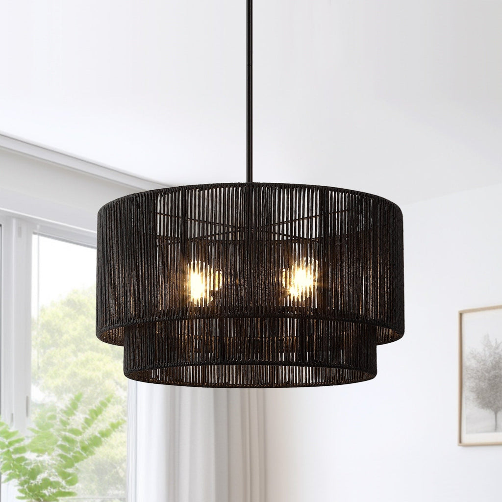 Lustre tambour en rotin noir à 4 lumières Cynthia - 22 po de largeur