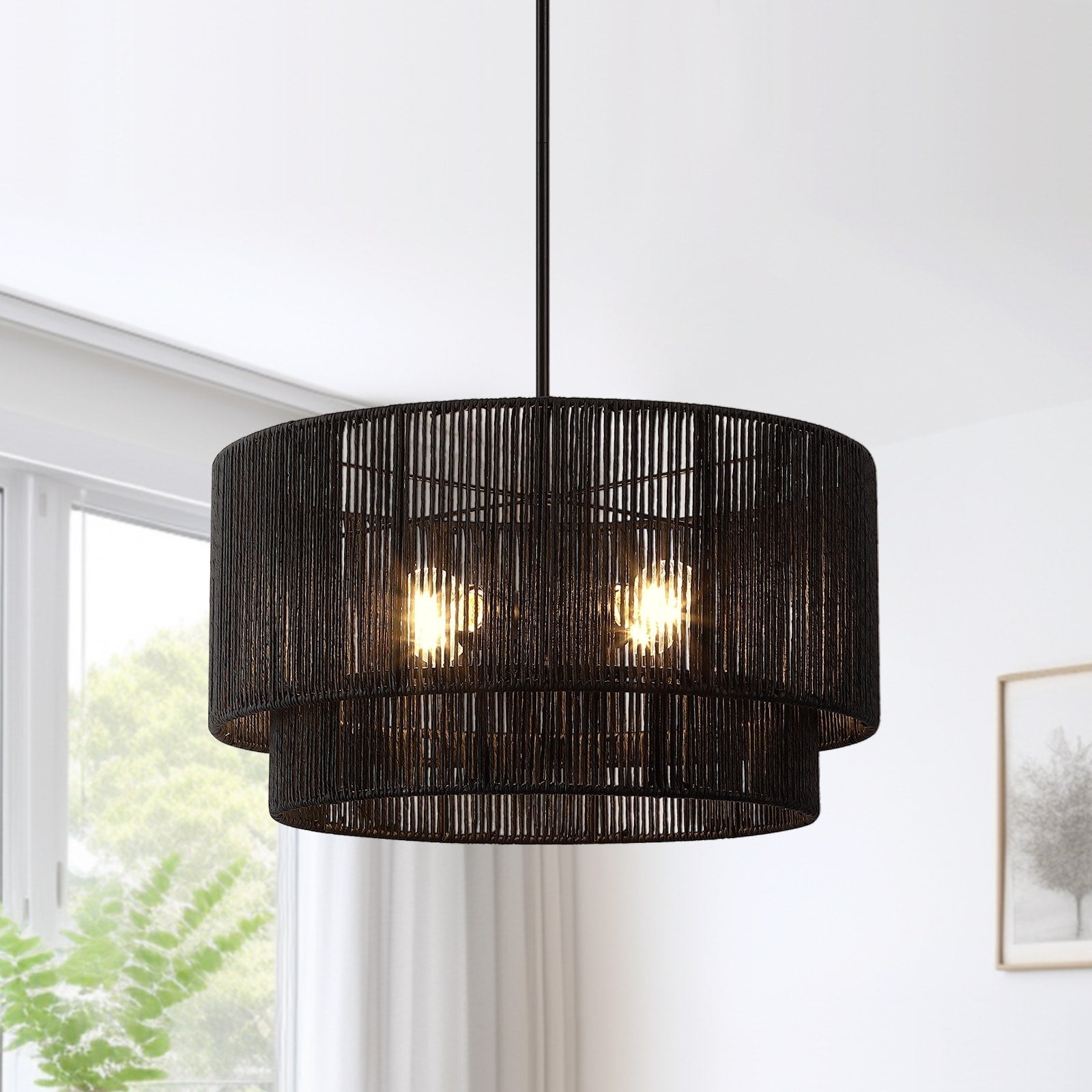 Lustre tambour en rotin noir à 4 lumières Cynthia - 22 po de largeur