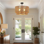 Lustre tambour en rotin naturel à 4 lumières Cynthia - 22 po de largeur