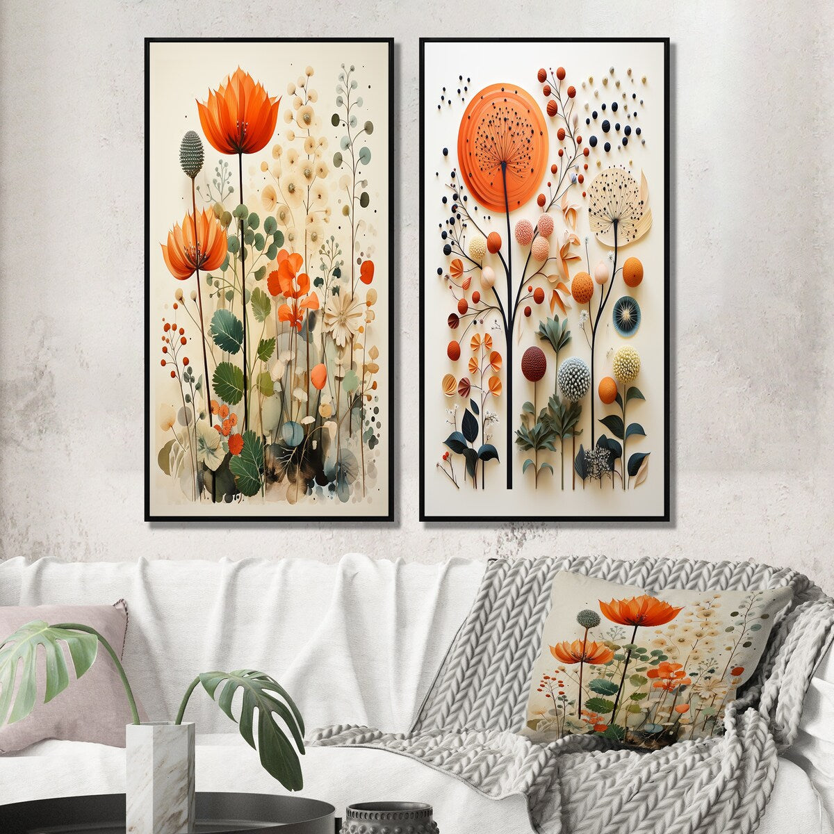 Designart Colorful Botanical Pointillism Abstract Botanicals Framed Wall Art Set Of 2 - Wall Set For Home Decor
