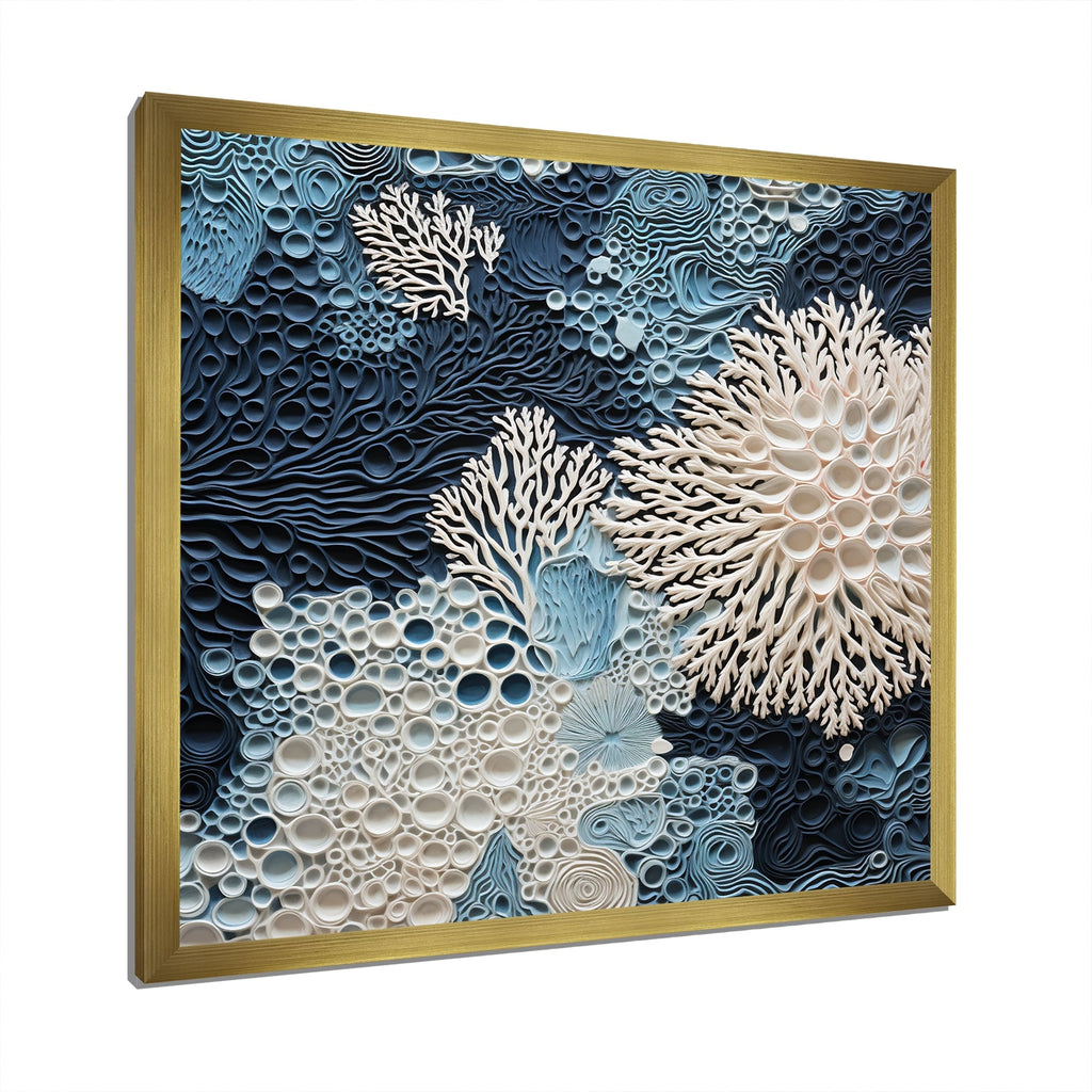 Designart Under Water Blue And White Corals Collage Coastal Framed Canvas Wall Art