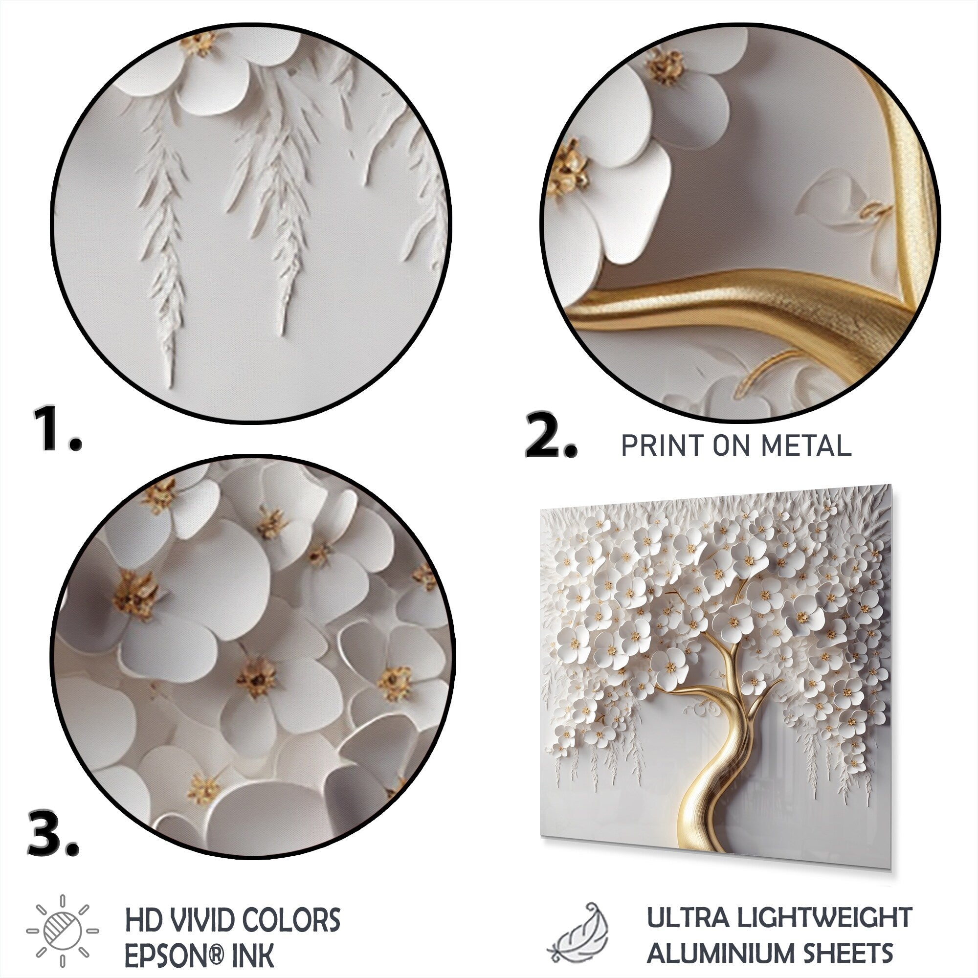 Designart White Orchid Tree Garden Of Branches VIII Tree Floral Metal Round Wall Art Print On Metal