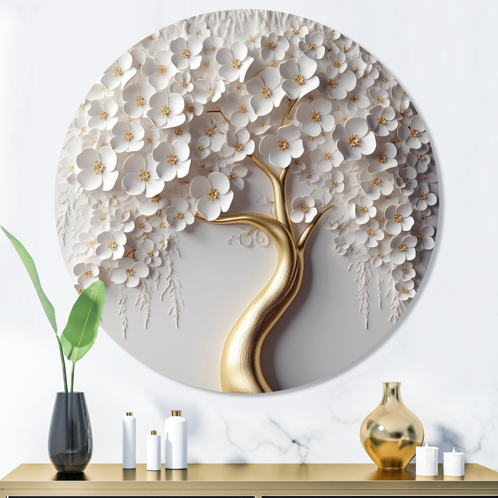 Designart White Orchid Tree Garden Of Branches VIII Tree Floral Metal Round Wall Art Print On Metal