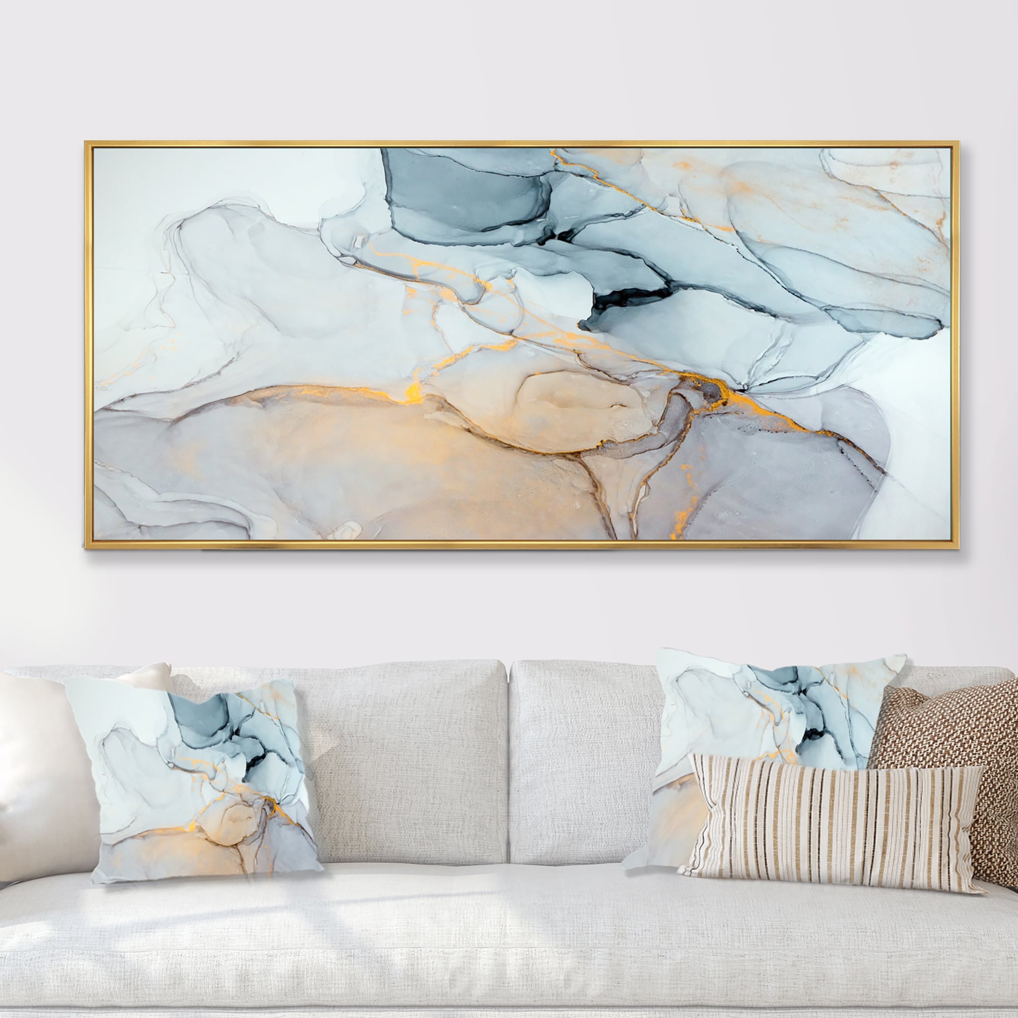 Designart Luxry Blue And Grey Marble Art Ripples II Abstract Framed Canvas Wall Art