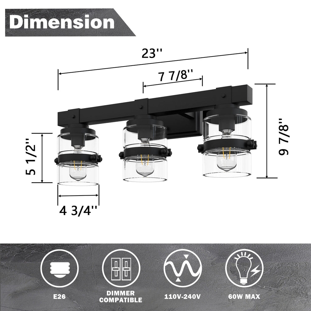 ExBrite Farmhouse 3-lights Bathroom Dimmable Iron Black Vanity Lights Wall Sconces