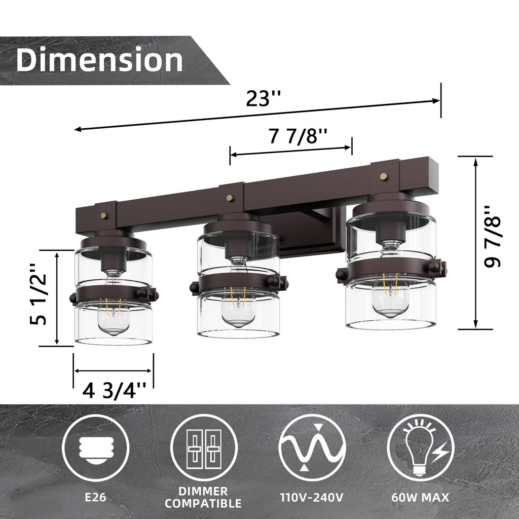 ExBrite Farmhouse 3-lights Bathroom Dimmable Iron Black Vanity Lights Wall Sconces