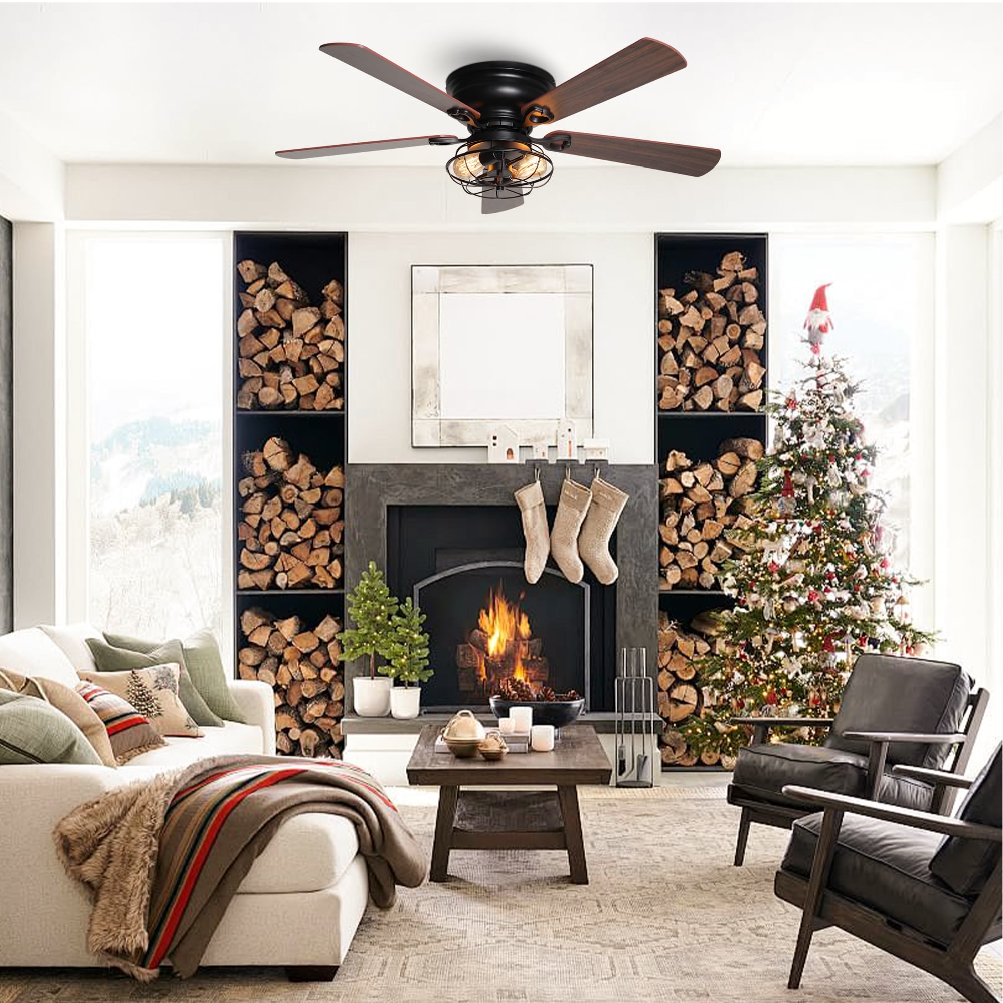 Ventilateur de plafond encastré noir Farmhouse de 48 po à 5 pales en bois à profil bas avec télécommande et kit d'éclairage