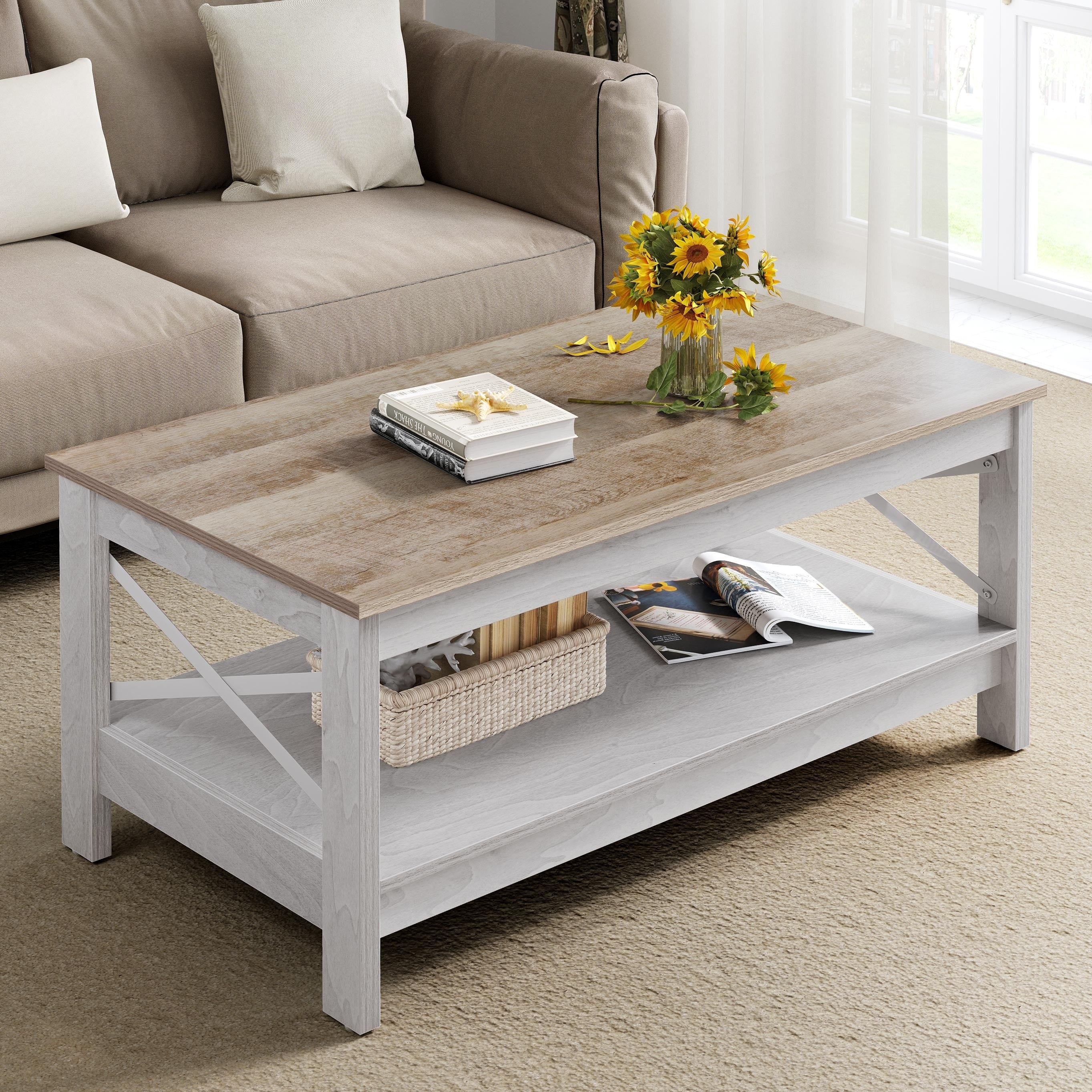 Farmhouse Coffee Table with Storage 2-Tier Center Table for Living Room