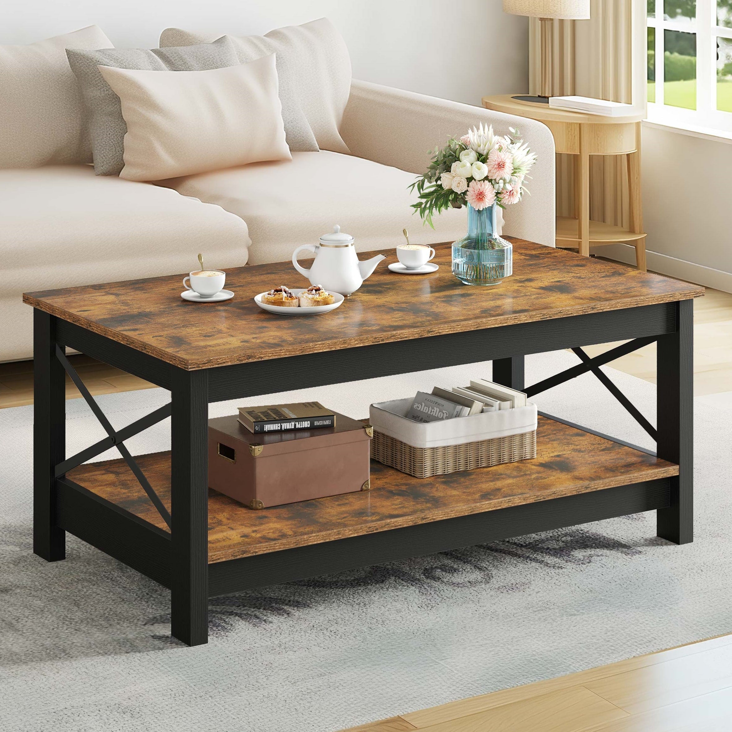Farmhouse Coffee Table with Storage 2-Tier Center Table for Living Room
