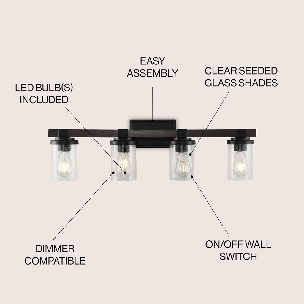 Ferme Iron/Seeded Glass Rustic Farmhouse LED Vanity Light, by JONATHAN Y