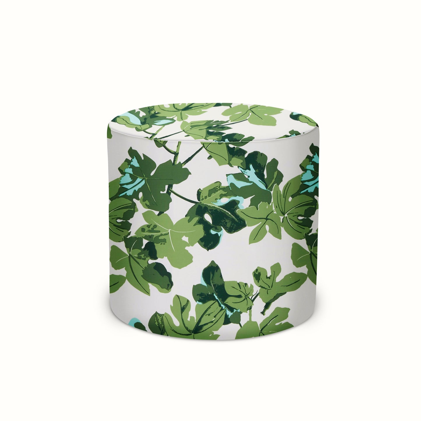 Pouf intérieur/extérieur en Peter Dunham Textiles, motif feuille de figue original sur fond blanc