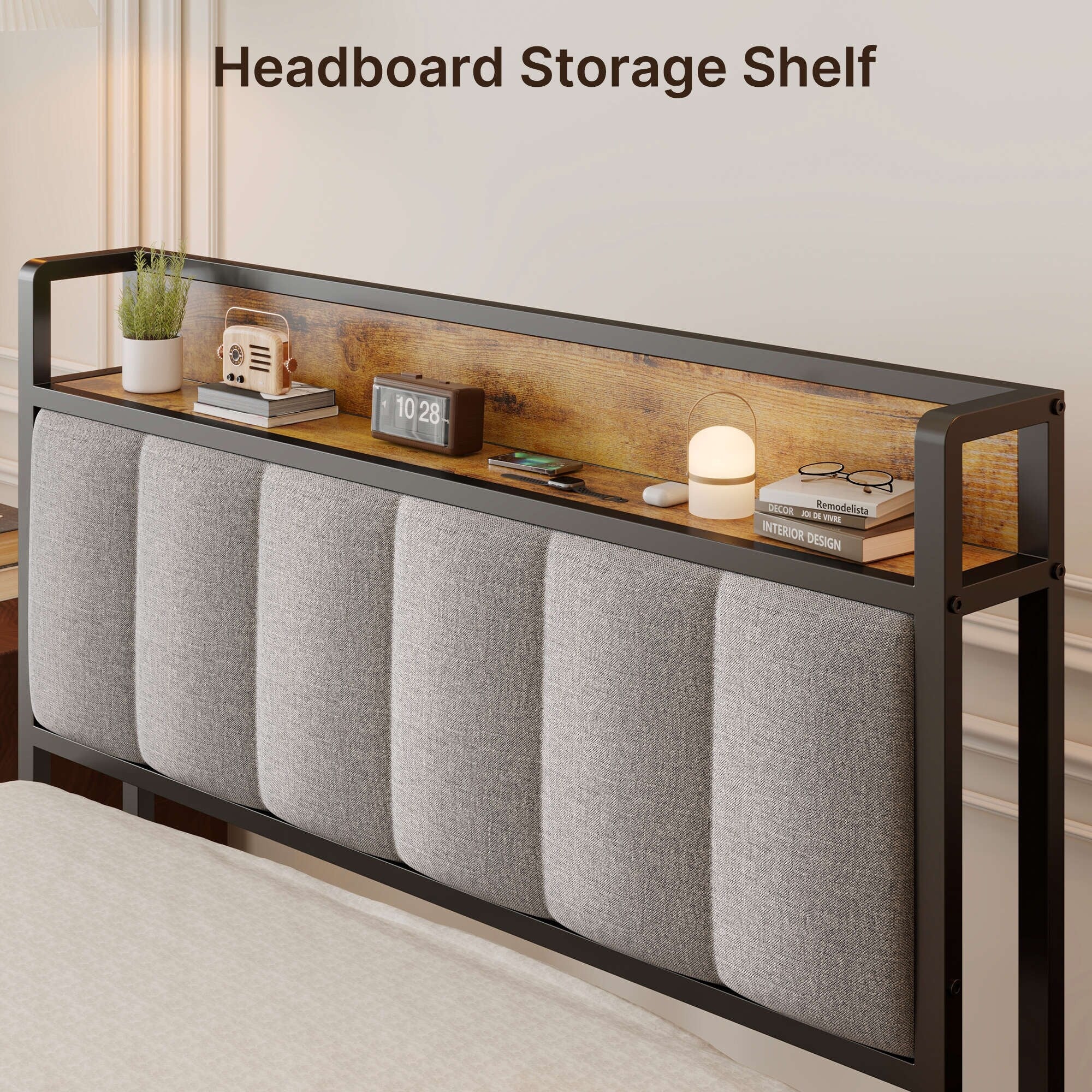 Cadre de lit plateforme en métal pour lit simple, double, queen ou king size avec tête de lit rembourrée et rangement