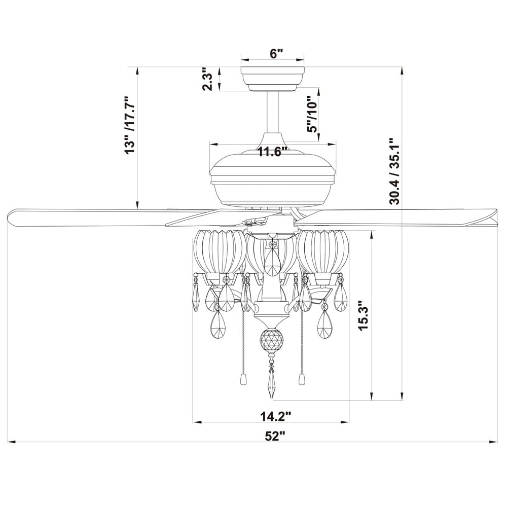 Ventilateur de plafond Garlow noir mat à 5 pales avec lustre en cristal et coupelles en forme de fleurs (télécommande incluse) - 52 pouces de diamètre
