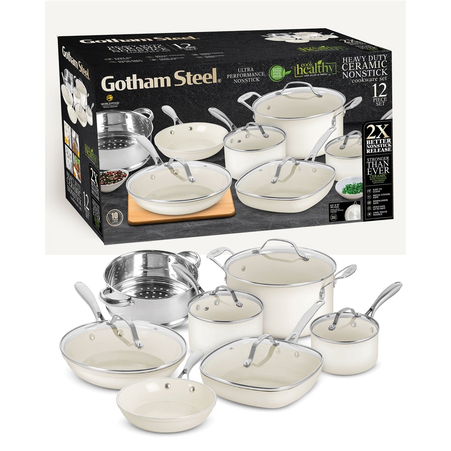 Batterie de cuisine Gotham Steel Cream 12 pièces, casseroles et poêles, en céramique ultra antiadhésive avec poignées isolantes