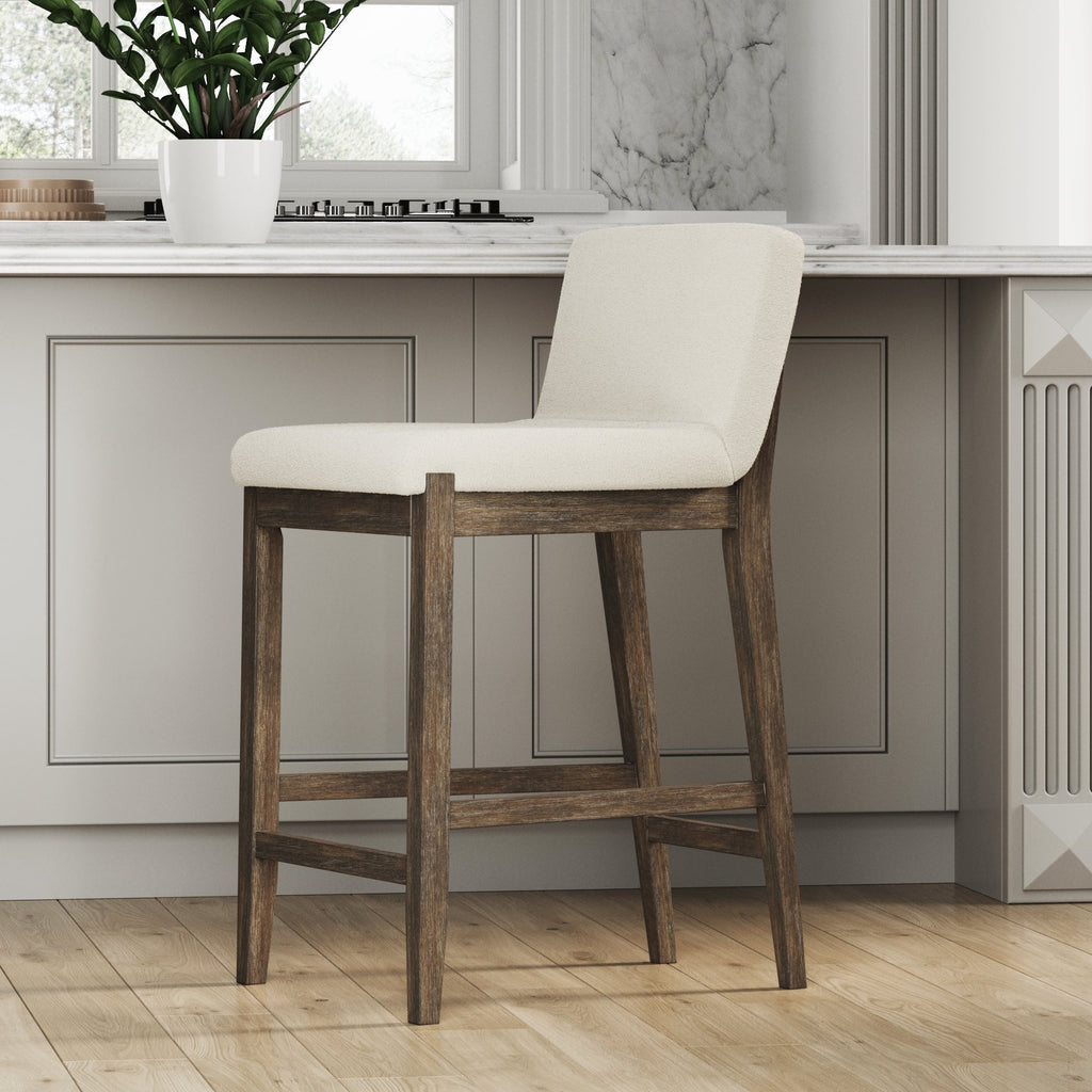 Tabouret de bar moderne Gracie, chaise rembourrée en boucle et pieds en bois brossé