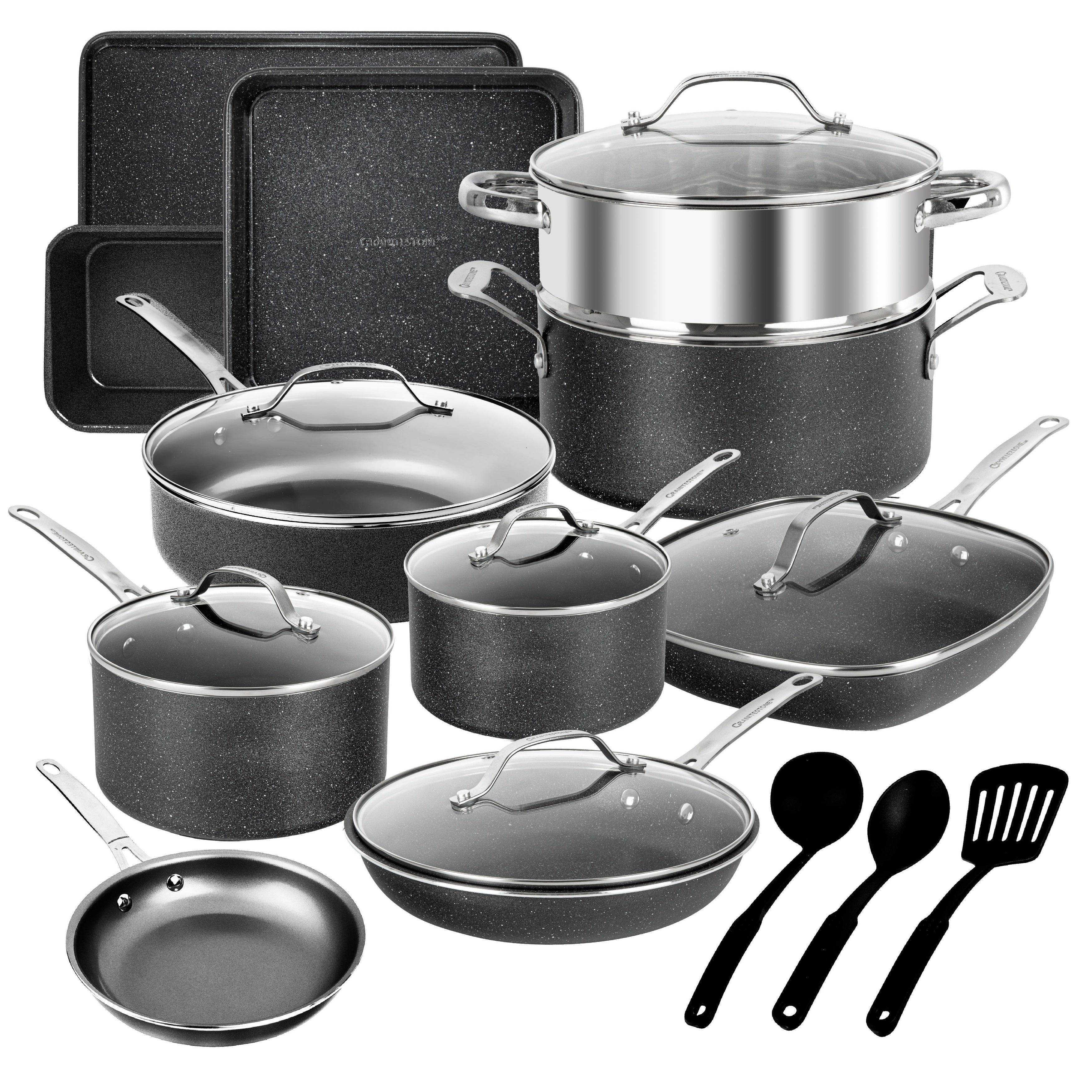 Ensemble de 20 casseroles et poêles antiadhésives Granitestone, ustensiles de cuisine et de pâtisserie