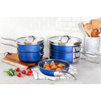 Batterie de cuisine antiadhésive Stackmaster Granitestone Blue 15 pièces avec couvercles en verre