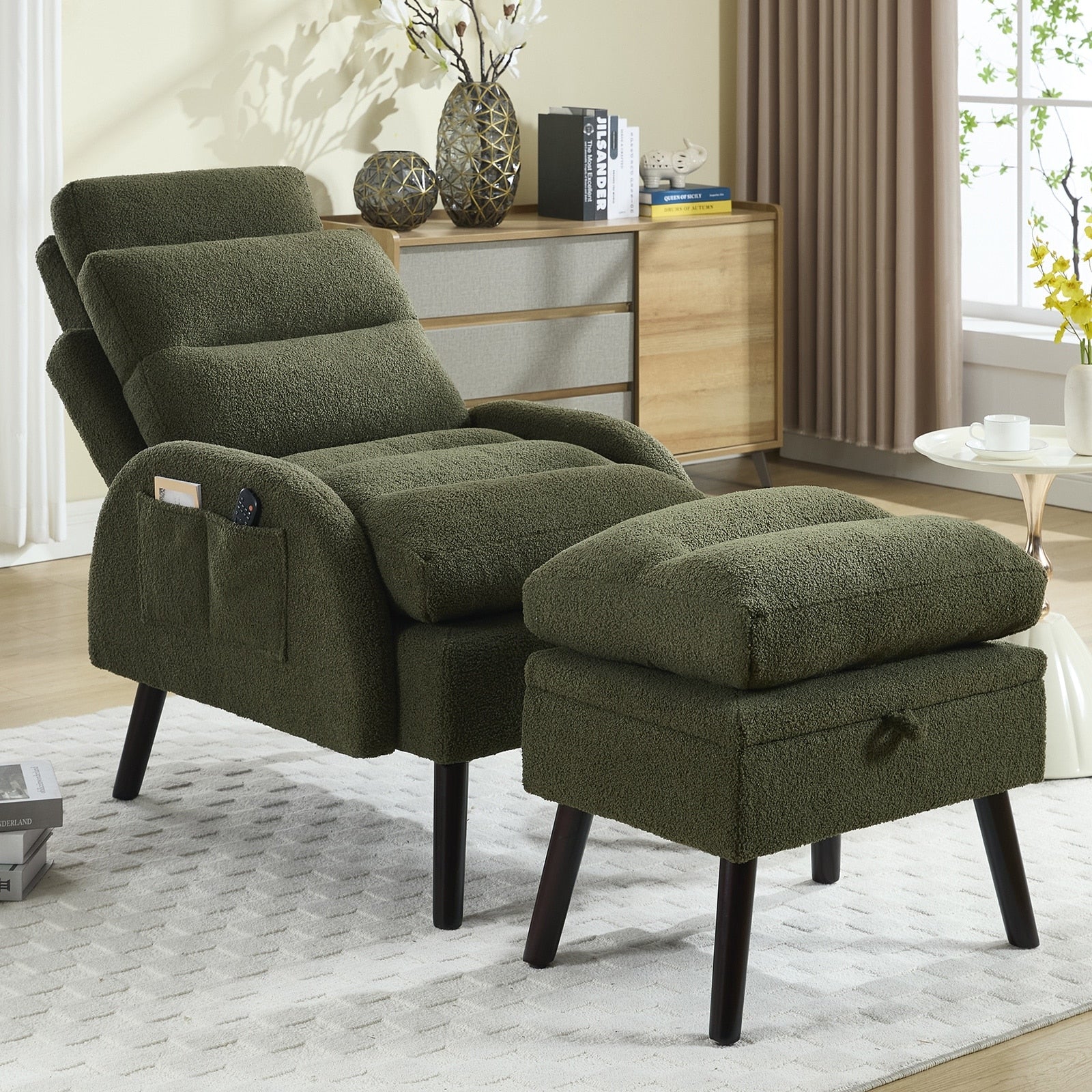 Fauteuil d'appoint HOMYKA avec dossier réglable et pouf de rangement